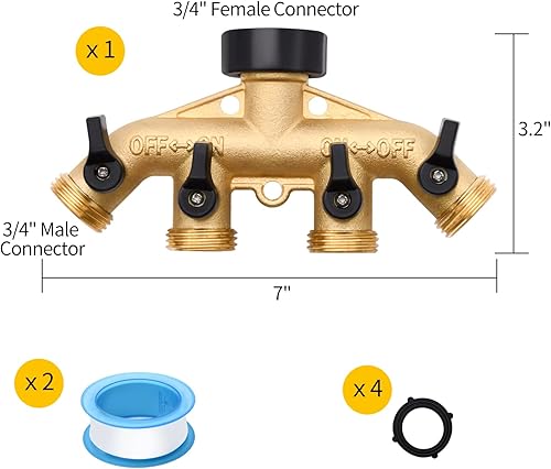 Miniatura 3 de 1 paquete de divisor de manguera de 4 vías, divisor de manguera de jardín de latón resistente, para conector de manguera de 34 pulgadas, colector de