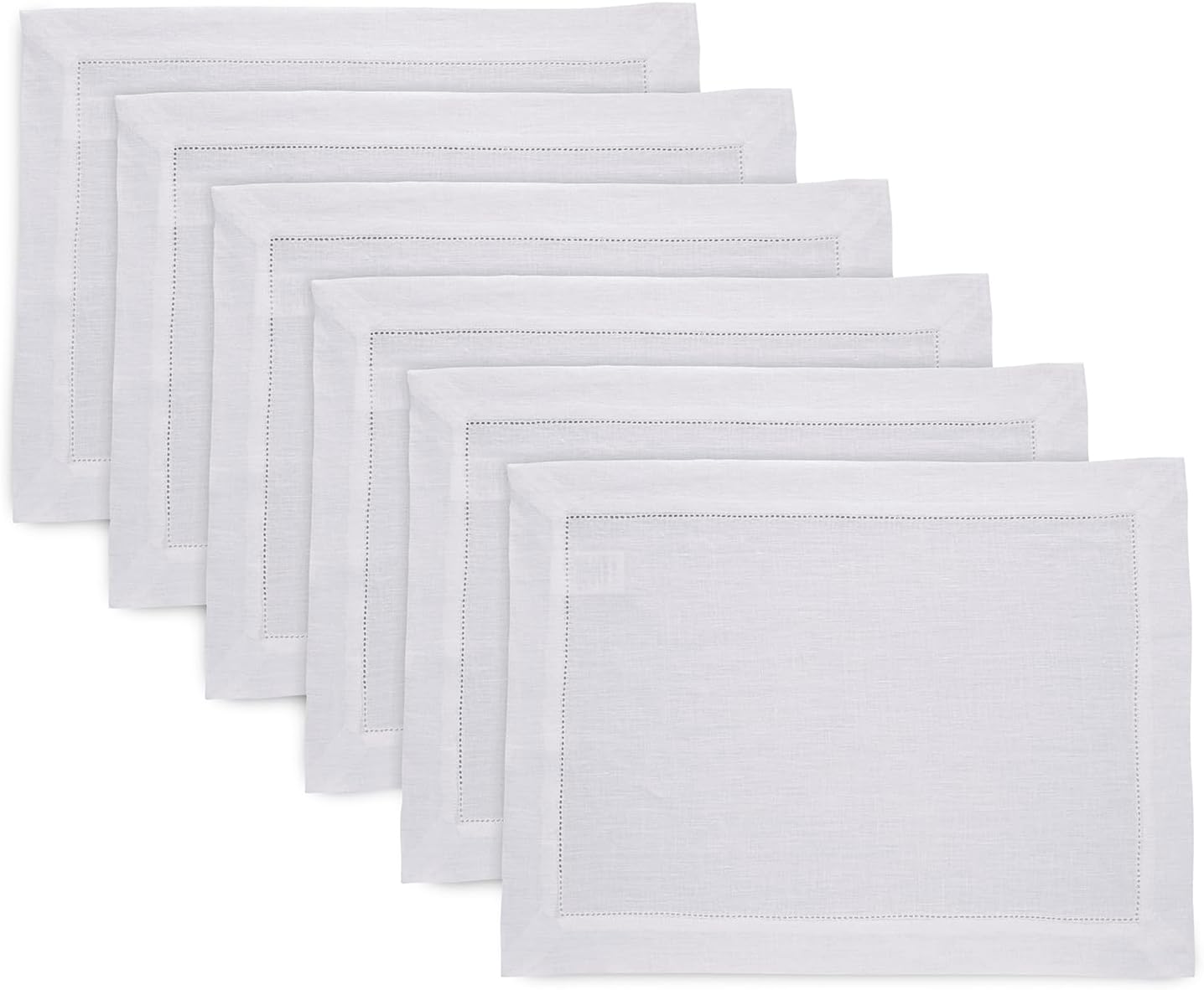 Solino Home Linen Cloth Placemats Set of 6-100% Pure Linen Hemstitch White Placemats 14 x 19 Inch - Sonoma Hemstitch Table Place Mats for Winter, Mothers Day, Spring, Easter