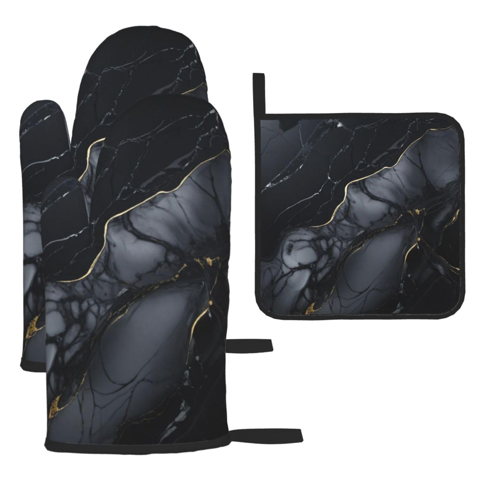 Black Marble Print Oven Mitts Kitchen Gloves Set Everyday Baking Grilling Microwaving Cooking Gift