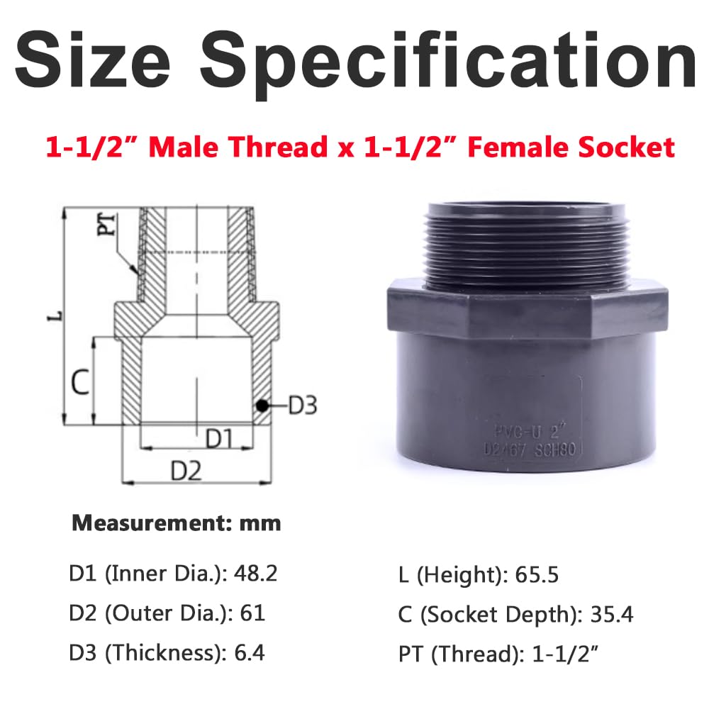 UPVC Pipe Threaded Connector, Industrial Grade ANSI SCH80 Gray U-PVC Pipe Fitting Connector Adapter, Male Thread x Socket (φ48.25mm) - Image 2