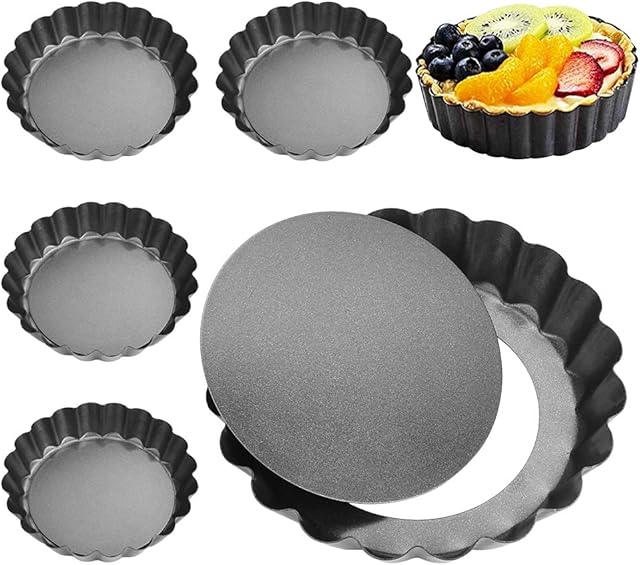 PERFETSELL 6 PCS Quiche Pans 10cm/4inch Non Stick Flan Tart Dishes Removable Mini Tart Tins Carbon Steel Tarlet Cases Round Small Pie Dishes Mold with Non Stick Coating and Loose Bases, Black