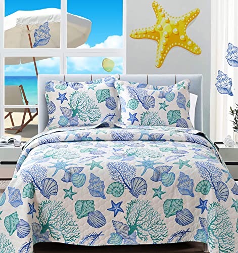 Chesity Beach Quilts King Size 3-Piece Reversible Ocean Bedspread Coastal Bedding Set Summer Lightweight Starfish Seashell Conch Coverlet Set Bedding Cover Conch Sheet(96"X106") #TOP2