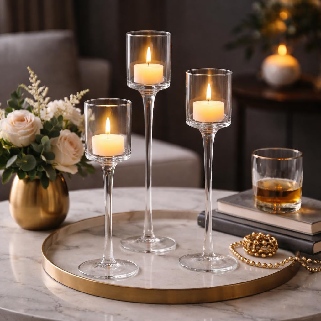 Marco Paul Set of 3 Clear Stemmed Glass Tealight Holders Tall Pedestal Candle Holders in 3 Sizes Elegant Votive Candle Stands for Wedding Centrepieces, Spring Easter Table Decor