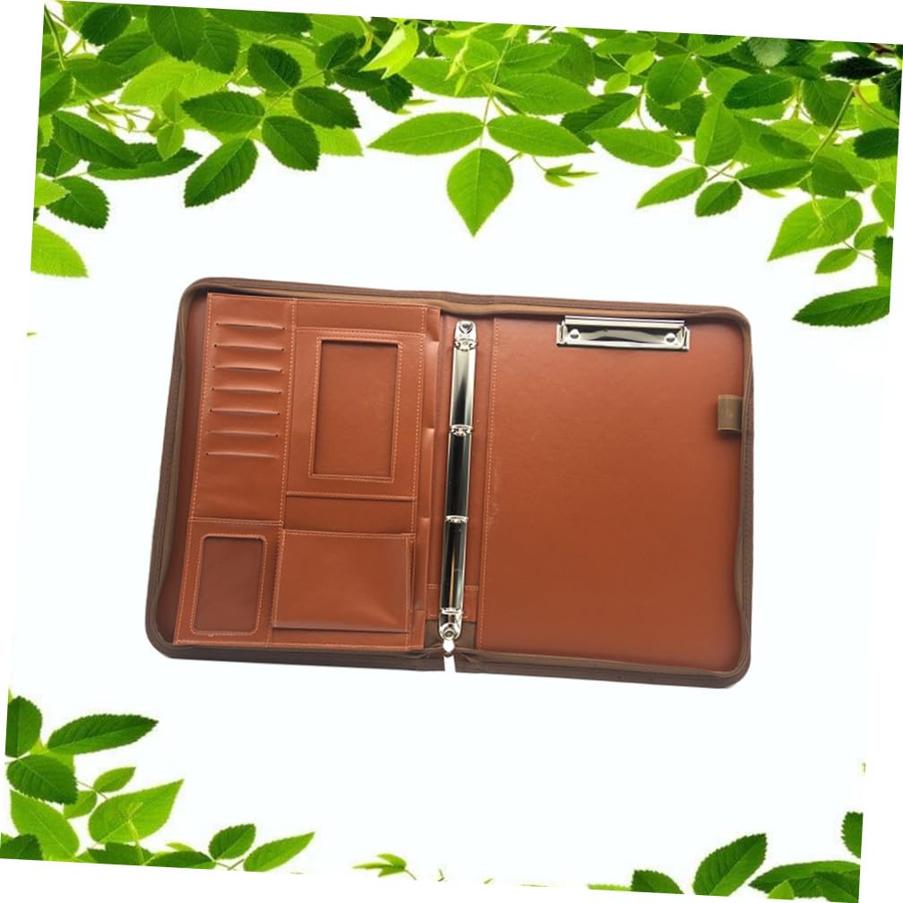Angoily Porte Document Marron en Cuir Pu avec Classeur à 3 Anneaux, Calculatrice Intégrée et Pochette Extérieure, pour Bureau Professionnel et Organisation de Documents