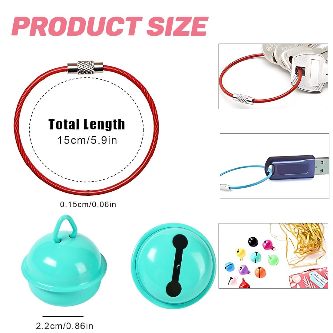 20 Pièces Cloches de Collier de Chien de Chat 22mm Clochette pour Chat en Métal Cloches de Décoration de Noël Pendentifs de Cloches pour Animaux de Compagnie Avec 5pcs Porte-Clés Acier Inoxydable