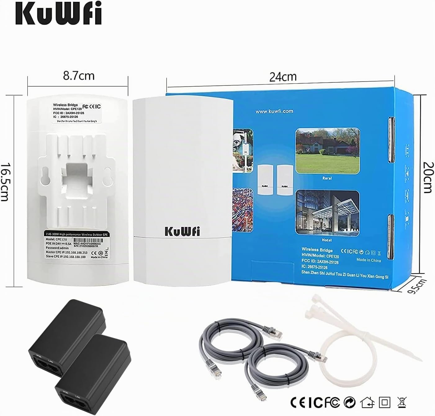 KuWFi Point d‘accès WiFi, CPE Extérieur 2.4G Point à Point sur 1 KM, Pont WiFi Ethernet Extérieur Longue portée pour PtP/PtMP, Pont sans Fil avec Port Ethernet 100Mbps, Antenne à Haut Gain de 12dBi