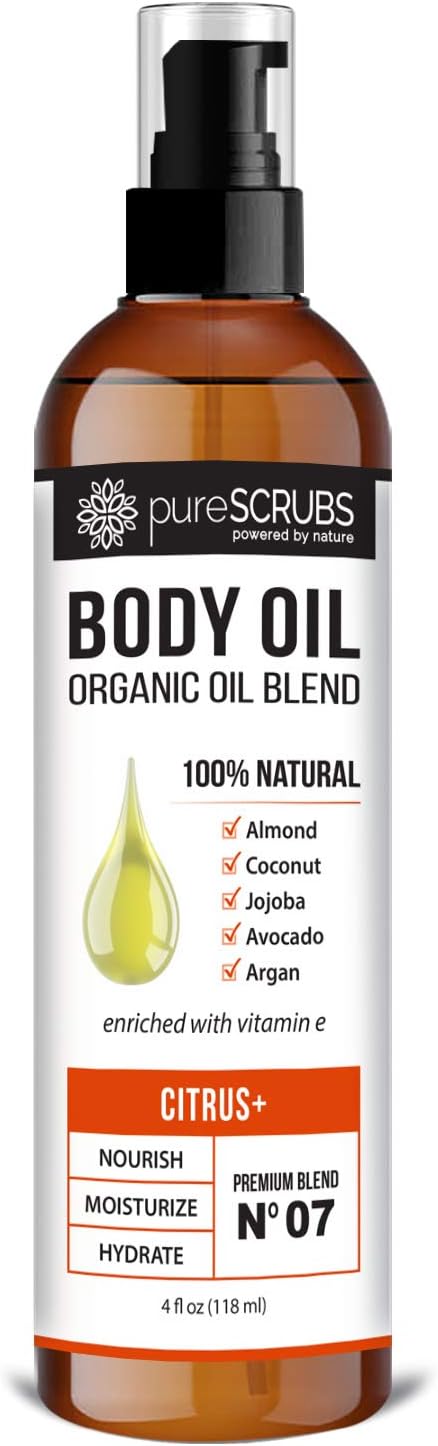 Ultra Moisturizing Citrus+ Body Oil Spray for Dry Skin, Massage, Cuticles & More Organic Super Blend of Jojoba, Argan, Coconut, Sweet Almond & Avocado Oils Enriched with Vitamin E, Lg 4oz