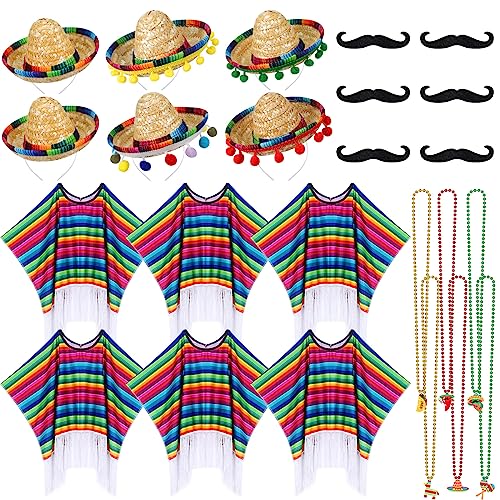 Sureio 24 Pcs Mexican Poncho and Mexican Sombrero Set Cinco de Mayo Serape Poncho with Straw Sombrero Headbands Mustache Necklace (33.8 x 53.1 Inch)
