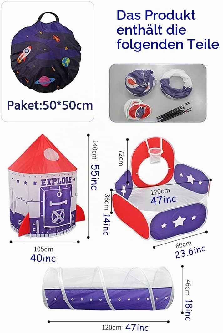 3 in 1 Kinder Spielzelt Kriechen Tunnel und Ballgrube Kinder Spielhaus Zelt mit Basketballkorb, für den Innen- und Außenbereich mit Tragetasche (Navy blau)