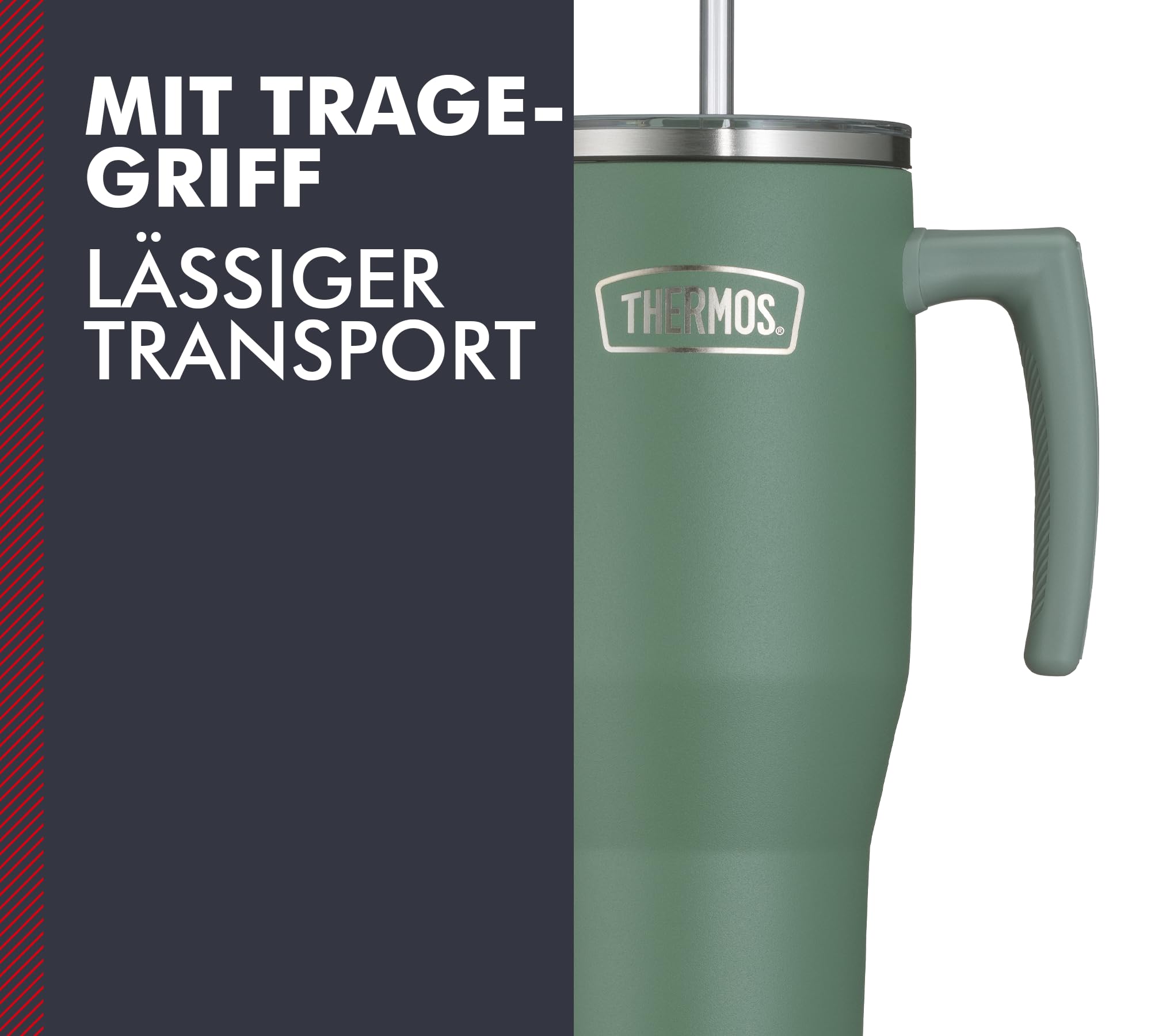 Thermos REFRESHING SERIES - Bicchiere isolante da 1,1 l, con cannuccia e manico per viaggi, lavoro o casa, in acciaio inox a doppia parete insapore
