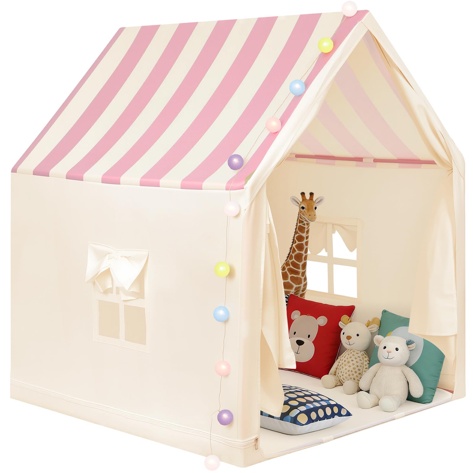 Anbte Kids Play Tent, Spacious & Portable Playhouse Toddler Tent, Indoor/Outdoor Playhouse for Toddlers Kids Toys for Boy Girl Birthday Gift, Easy Setup Metal Rods with Lights, Pink stripes