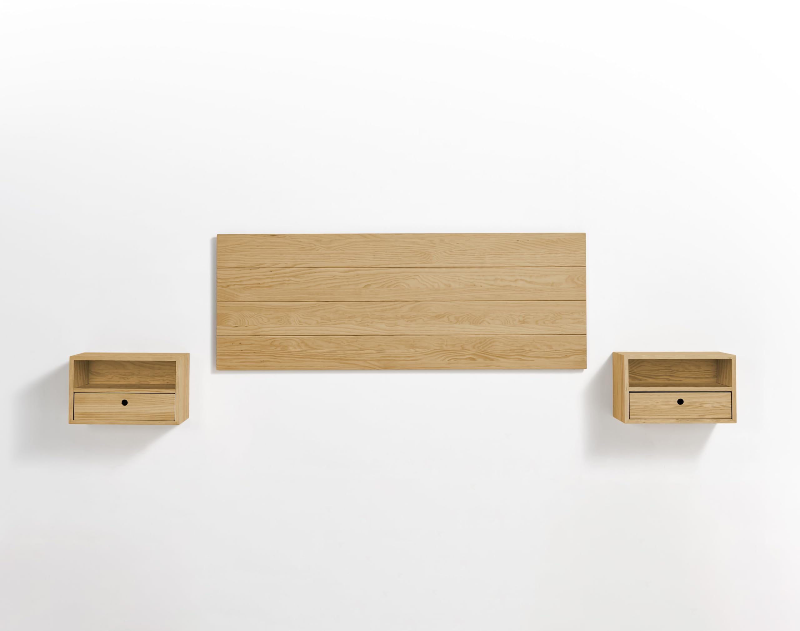 HOGAR24 ES - Cabecero Acabado Madera Maciza Natural + 2 Mesitas Flotantes con Cajón y Hueco Acabado Cera. Medidas Cabecero: 155 x 60 x 2 cm.