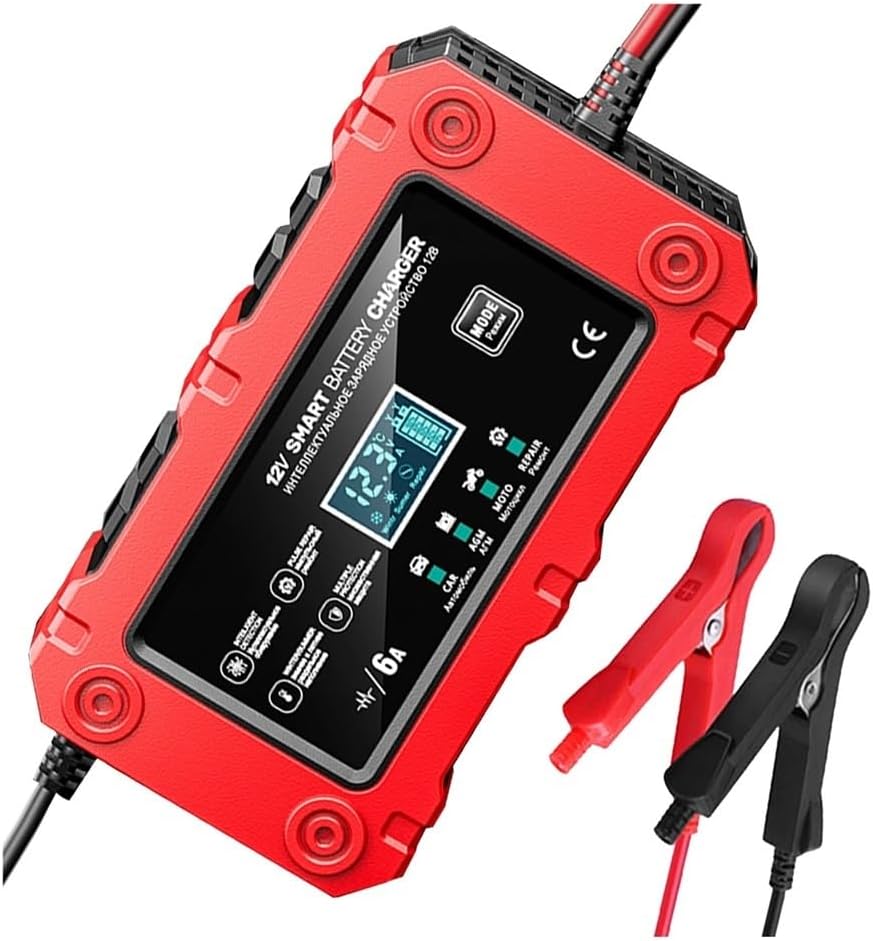 12V 6A Smart Battery Charger with LCD Display for Car Motorcycle Battery Charging Maintainer Accessories(Yellow EU Plug)