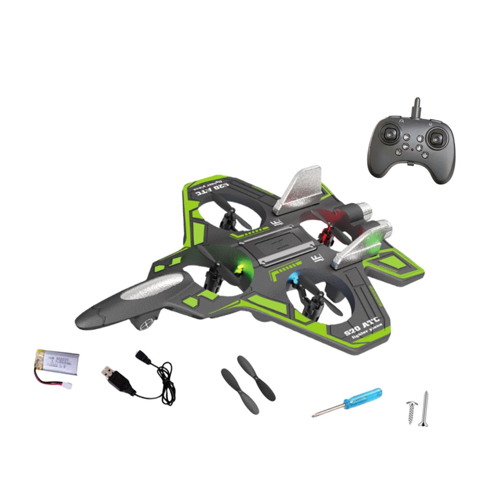 Aereo RC in Schiuma con Telecomando, Aeroplano con Rotazione a 360°, Giocattolo Volante per Esterni, Aereo RC da Combattimento con Luce per Bambini e, Verde 1 Batteria 300