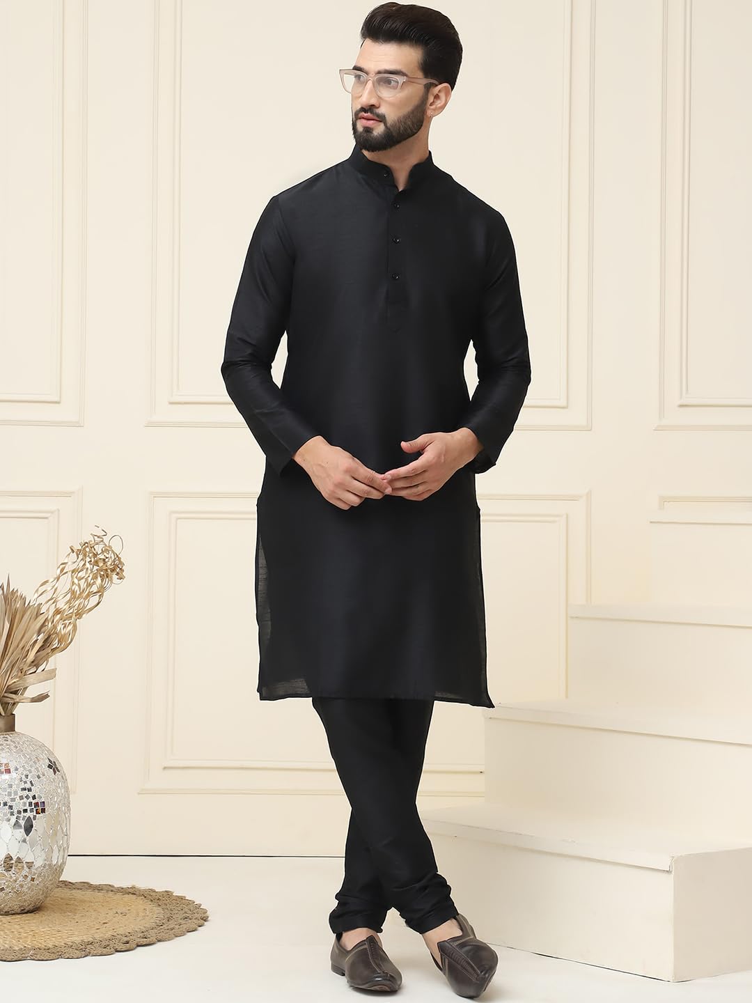 Sojanya (Since 1958 Men's Black Dupion Silk Kurta & Churidaar Pyjama