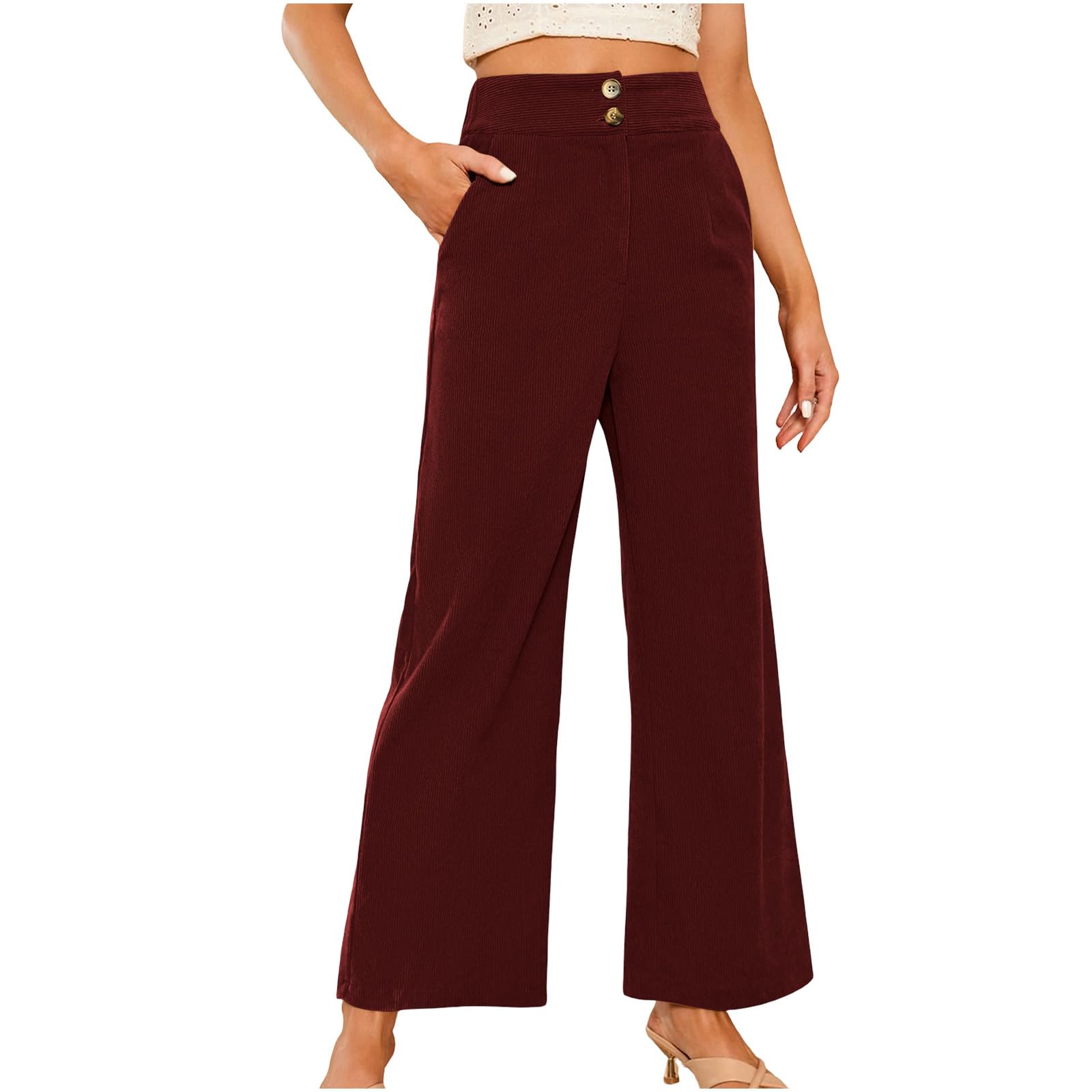 Wide Leg Corduroy Pants Women Baggy Pants Casual Button Zipper High Waisted Trousers Trendy Loose Comfy Fit