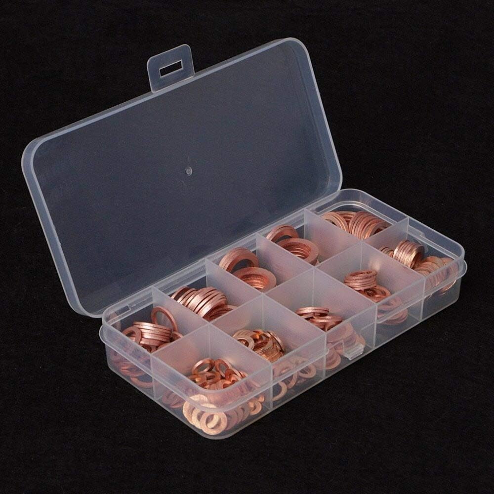 BKEKM Rondelle Piatte da 200 Pezzi con Scatola di plastica Set di guarnizioni per rondelle in Rame 9 Misure Guarnizione Piatta Kit guarnizioni ad Anello Piatto Viti Rondella Piana
