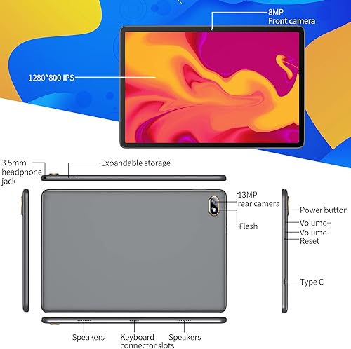 Miniatura 3 de Tablet Android con teclado, 128 GB ROM +512 GB expandible, procesador octa-core de 1.8 GHZ, WiFi 5G, GPS, Bluetooth 5.0, tableta PC certificada por