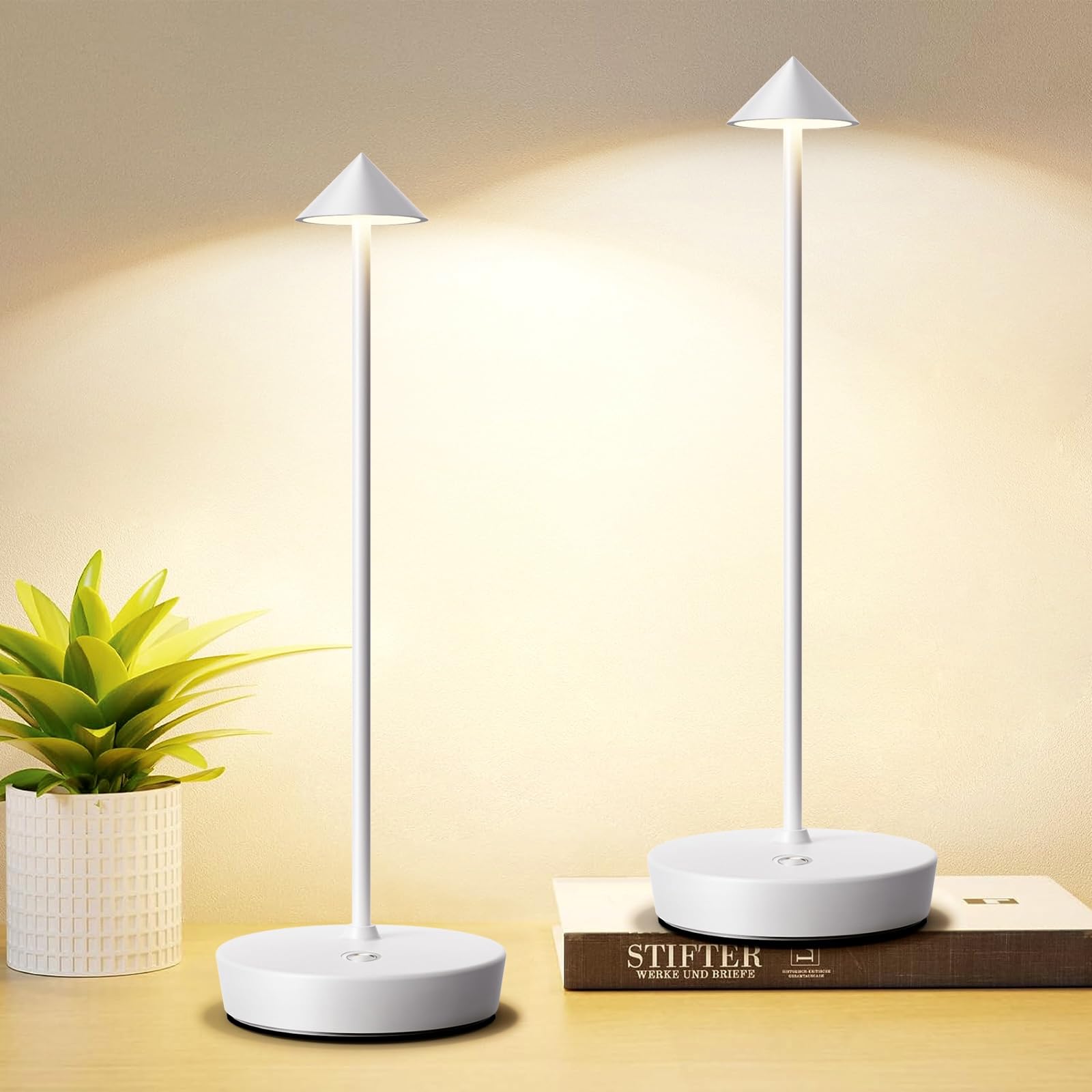 Tpczqj Set of 2 Rechargeable Cordless Table Lamp,6000mAh LED Battery Operated Desk Lamp Touch 3 Color Dimming Portable Outdoor Waterproof Table Light for Patio/Restaurant/Dining/Home (White)