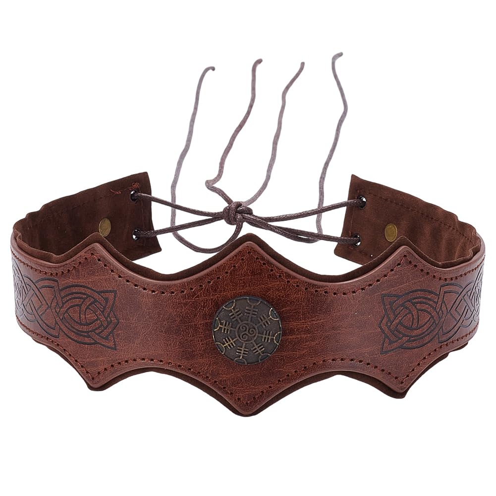 CALFOVERA Medieval Embossed PU Leather Headpiece Brown Vintage Retro Heamband Headpiece Adjustable Renaissance Viking Leather Head Hair Band Headdress Helmet for Cosplay Halloween Costume Accessories