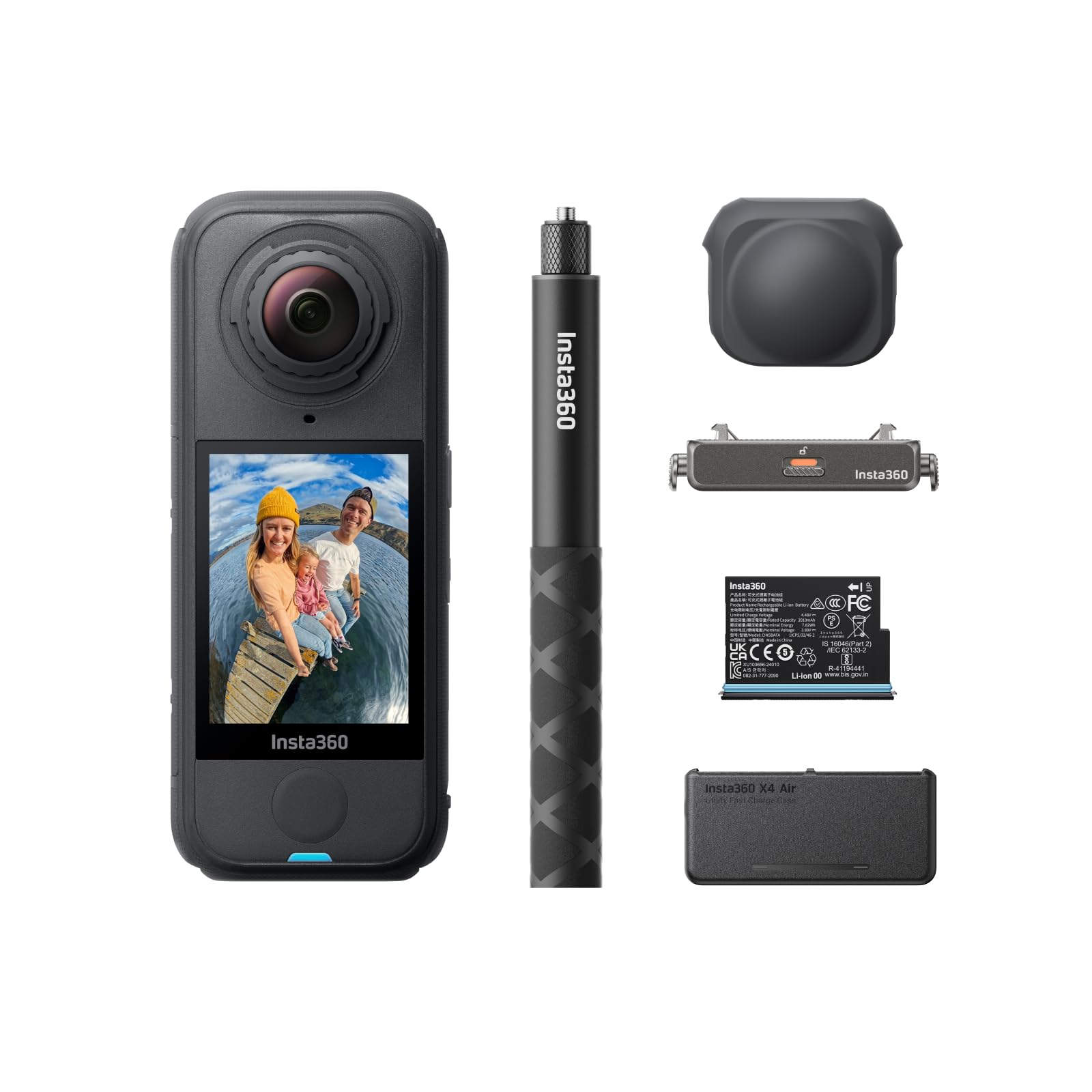 Insta360 X4 Air Pack Base Nero grafite- Videocamera leggera 165g 8K 360, selfie stick invisibile, lenti sostituibili, prima registri poi inquadri, cover antivento integrata, stabilizzazione FlowState