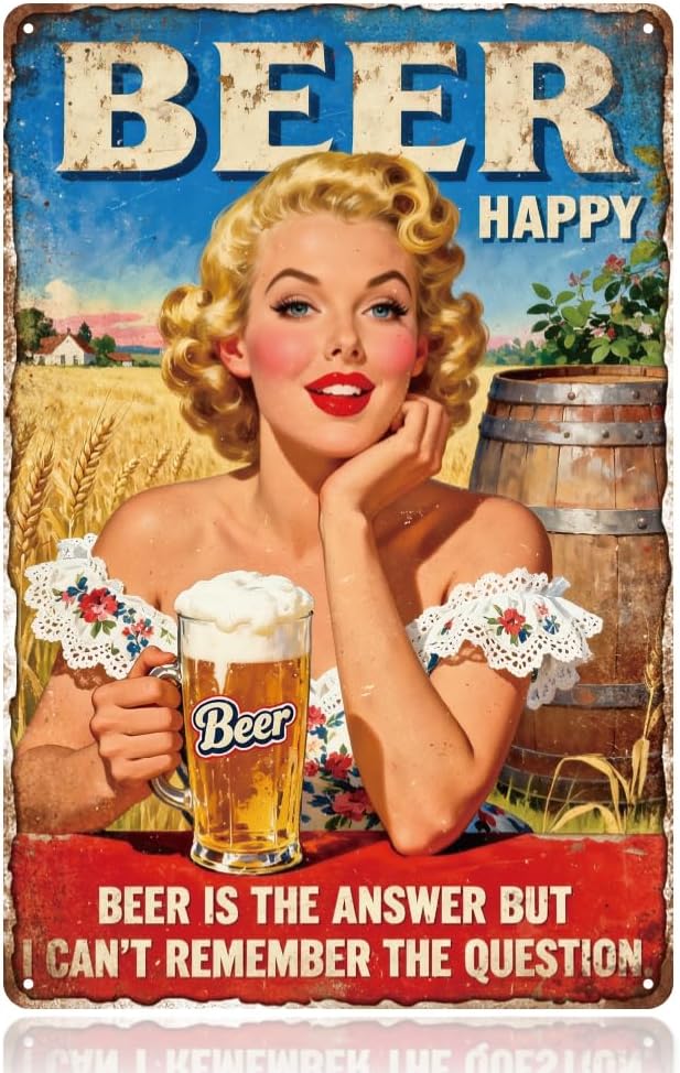 WADORN Vintage Beer Bar Pin Up Woman Metal Tin Sign, 7.9x11.8 Inch Beer Girl Happy Retro Wall Art Sign Funny Beer Metal Decor Gift Plaque for Home Kitchen Bar Basement Garage Mancave Coffee Pub Club