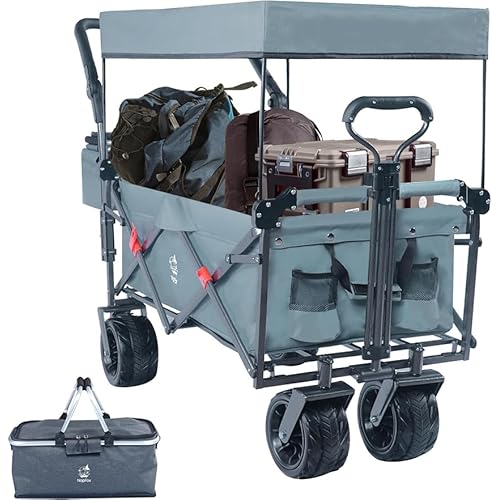 All Terrain Collapsible Wagon Cart with Big Wheels, 350 Pound Capacity Heavy Duty Enlarged Utility Folding Beach Garden Wagon Cart with Brake & Adjustable Handle for Outdoor Camping Shopping