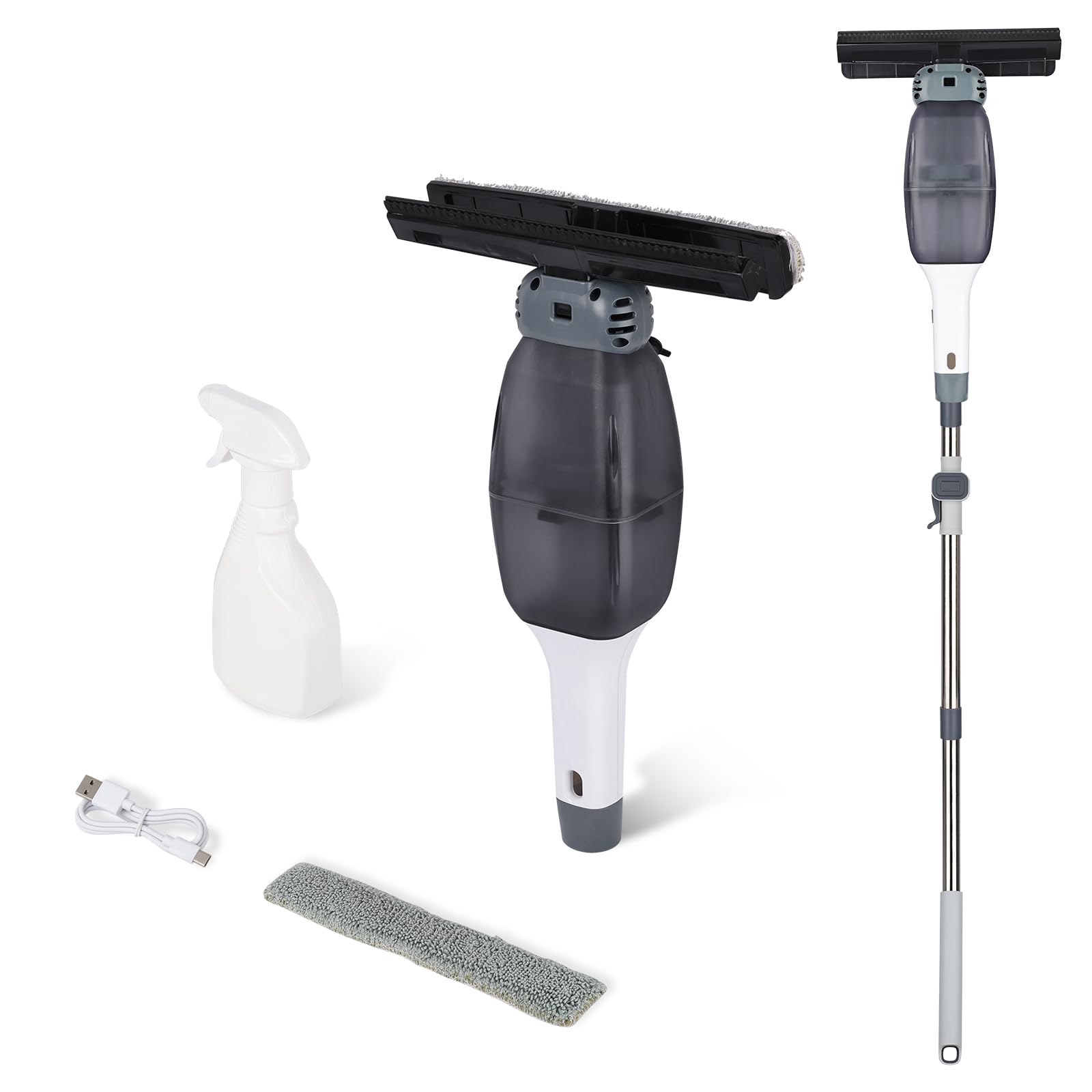 Nettoyeur Vitres Électrique sans Fil avec Manche Télescopique: 2000mAh, Raclette Vitre avec Pulvérisateur Intégré, Brosse Nettoyage 24cm pour Fenêtres Miroirs Carrelage