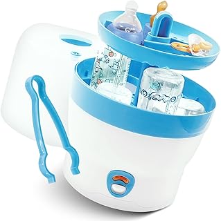 BS 29b Sterilisator für Babyflaschen | Dampfsterilisator & Vaporisator | bis zu 6 Flaschen | Einfache Bedienung | Baby Erstausstattung Neugeborene | Flaschenreiniger | Baby Zubehör | weiß/blau