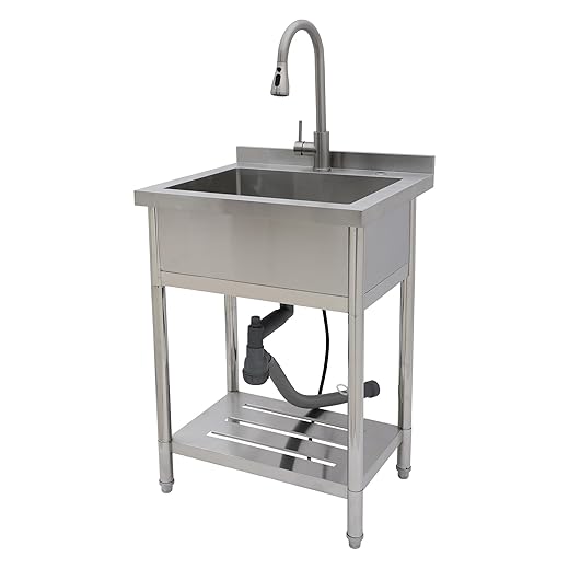 Sarlai Stainless Steel Utility Sink Freestanding Commercial Restaurant Kitchen Sink Outdoor Sinks Single Bowl Laundry Utility Kitchen Sinks With Faucet for Garage Outdoor Indoor Basin