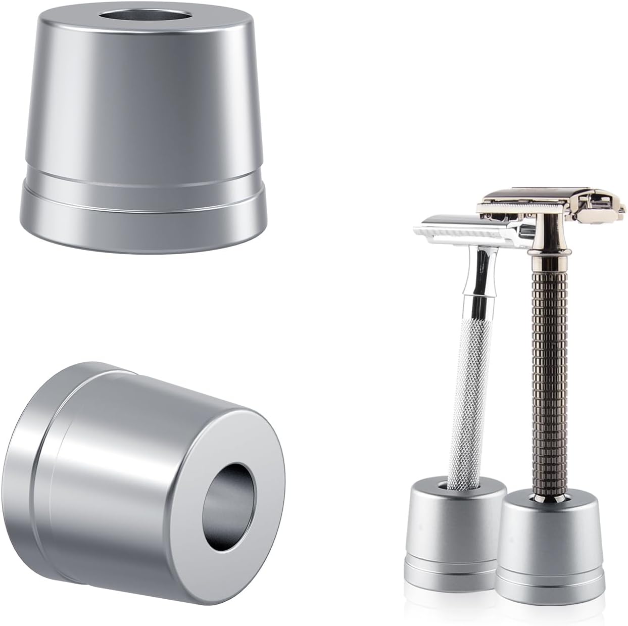 2 Pack Safety Razor Stand, Opening Dia 0.5" (13mm) Men's Shaving Razor Holder, Razor Holder for Bathroom Countertops Compatible with Shaving Revolution (Brushed Silver)