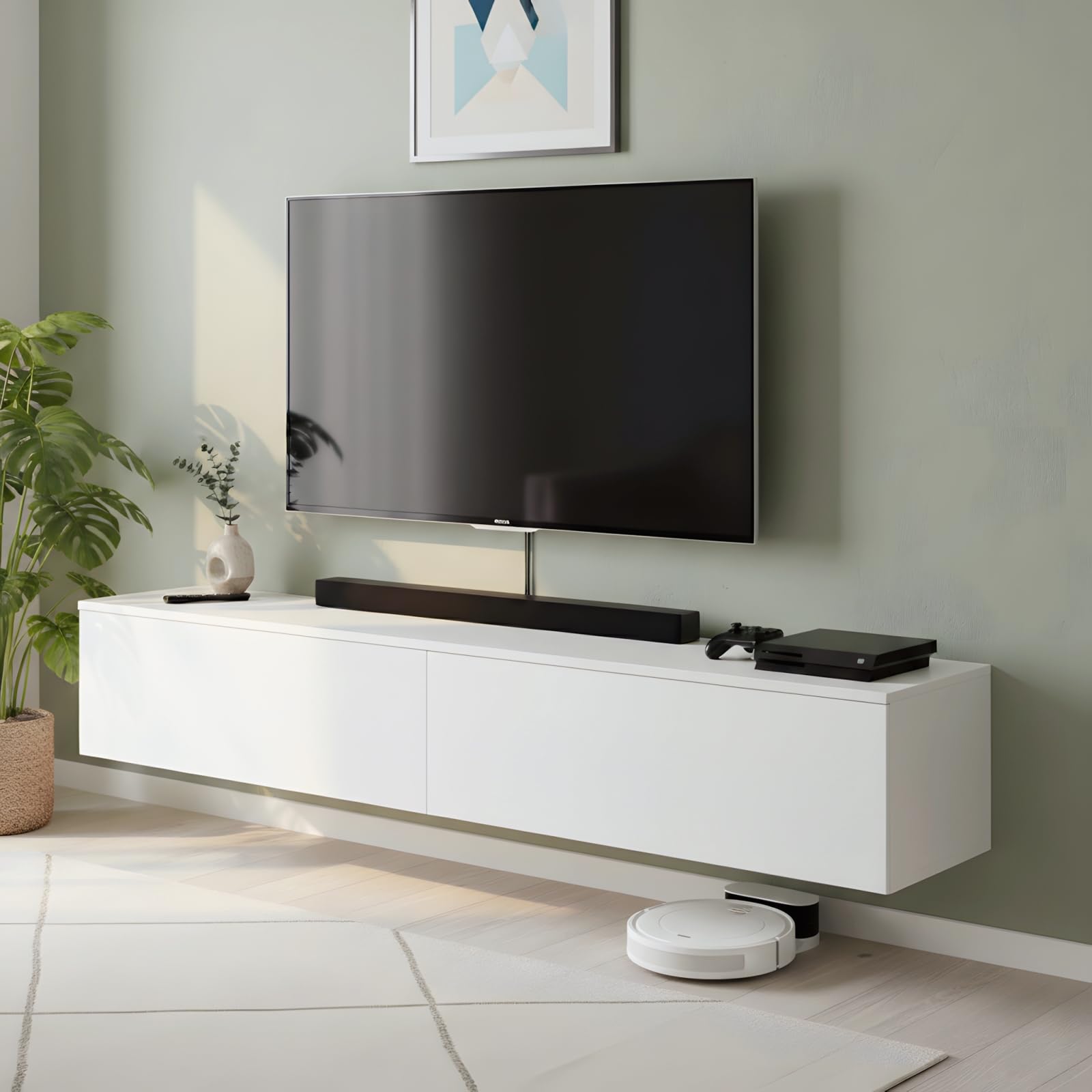 Mueble de TV Moderno Suspendido o Con Pie de 180 cm, Madera Blanca Con Almacenamiento, Para Salón