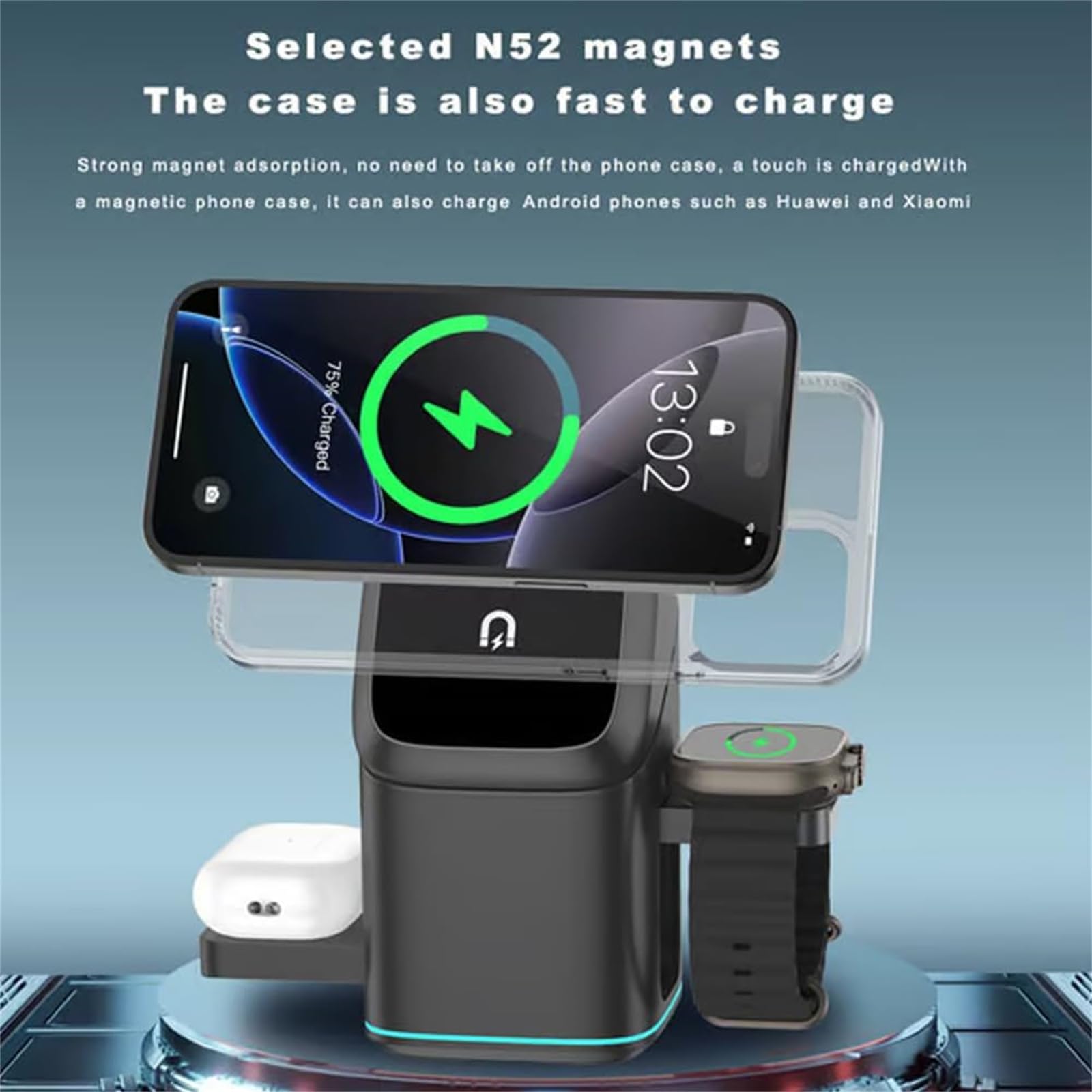 Subsistenceed Chargeur sans fil 3 en 1, station de charge tactile multi-appareils de subsistance, charge multi-appareils sans fil tactile (noir)