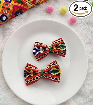Hair Accessories Bow Tie Hair band Kutchi Lace Hair Clip with Shell Dandiya Night For Women || Navratri collection||Handmade product|| (2PCS,MULTI )
