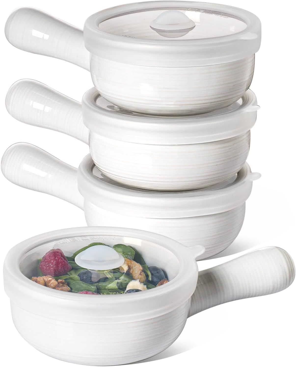 LE TAUCI Soup Bowls with Handles and Silicone Lids, 15 Oz French Onion Soup Bowls, Non-Toxic Ceramic Soup Crocks for Noodles, Stew, Cereal and Chilli, Oven Microwave Dishwasher Safe, Set of 4, White