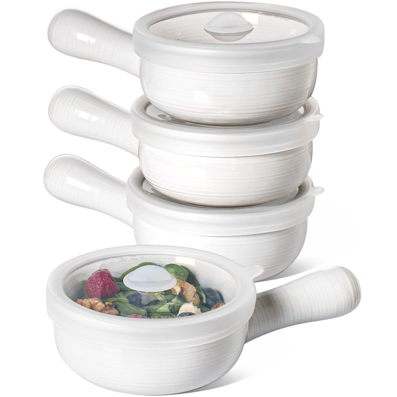 Bols à soupe en céramique LE TAUCI de 425g avec couvercle silicone et poignées pour ragoût x4