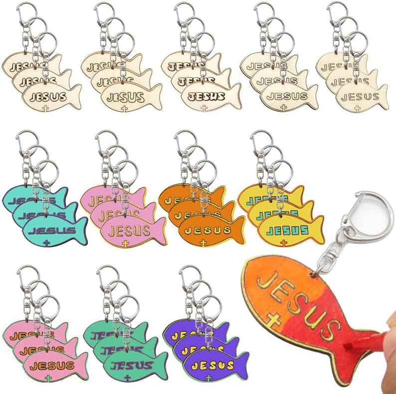 36 Pcs DIY Faith Fish Keychain Sunday School Crafts Color Your Own Jesus Fish Keychain Wooden Christian Faith Key Chain for Home Church Bible Sunday School Activities Religious Gift Stuff