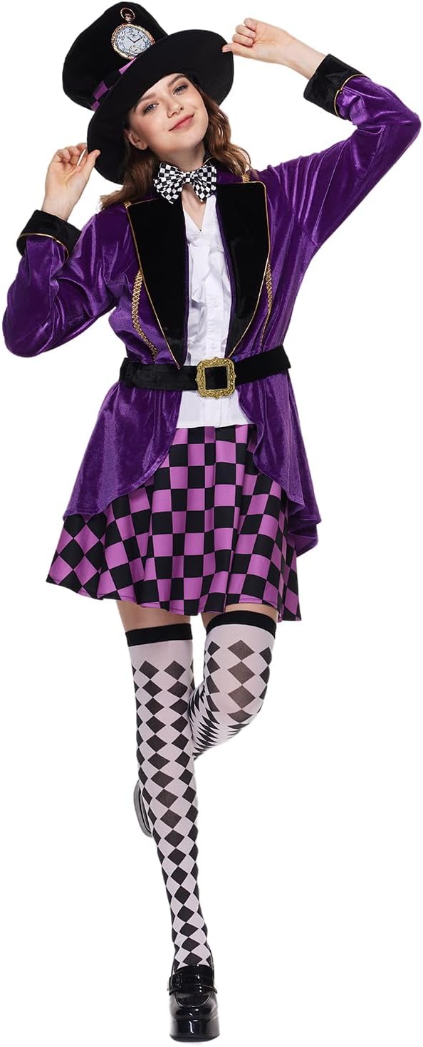 EraSpooky Adult Women Hatter Costume Mad Tea Party Purple Halloween Fancy Dress 6 Pc Set with Accessories - Image 3