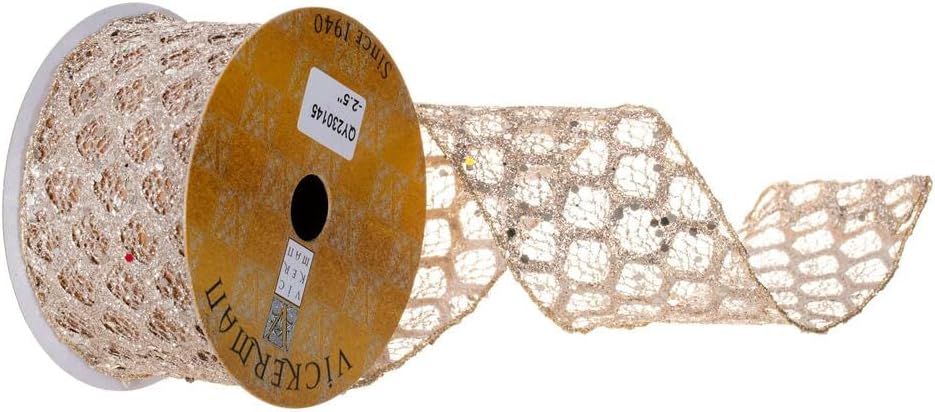 Vickerman 4" x 10 Yard Champagne Glitter Sequin Net Wired Ribbon.