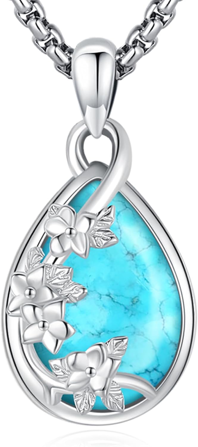 S925 Sterling Silver Flower Hummingbird Necklace for Women Oval Black Obsidian Moonstone Pendant Mother Day Necklace for Mom Turquoise Jewelry Gifts