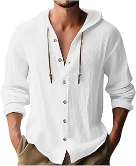 Linen Hoodies for Men UK Sale, Casual Drawstring Hoody Sweatshirts Long Sleeve Button Down Shirts Plain Hooded Pullover Athletic Hoodies Cotton Linen Shirt Gym Sports Shirts Comfy Running Tops
