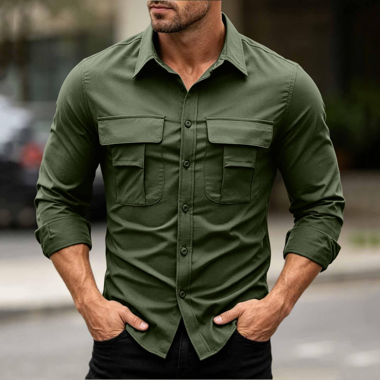 Camisa Hombre de Trabajo Tallas Grandes Cuello Solapa Camisas de Exterior Senderismo Camping Secado Rápido Camiseta Deporte Manga Larga con Bolsillos Cómodo Transpirable Ropa Outdoor