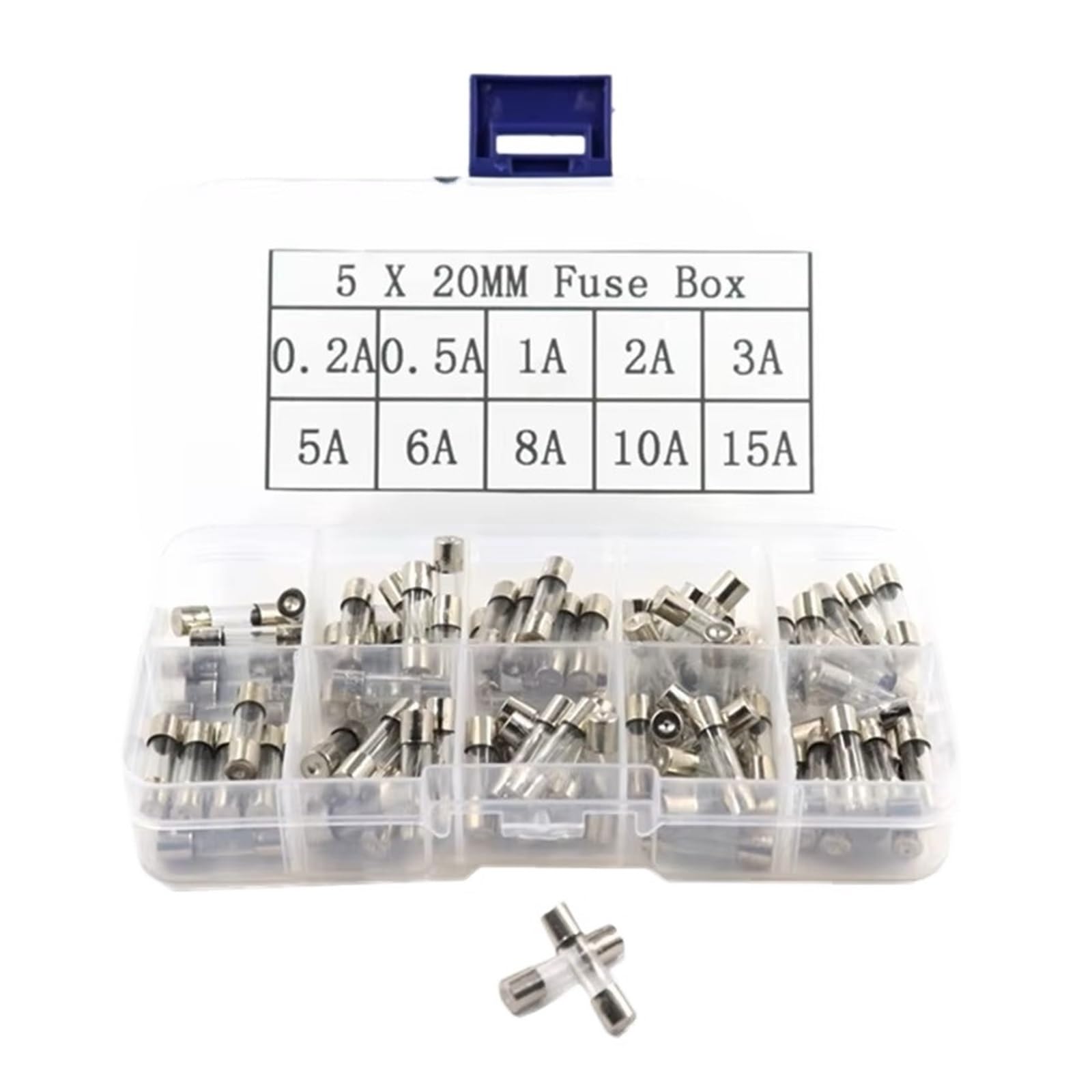 Set da 100 fusibili assortiti in vetro rapido da 5 x 20 mm, fusibili rapidi da 0,2 A, 0,5 A, 1 A, 3 A, 8 A, 10 A, 15 A, 20 A (10 tipi per ogni 10 pezzi)