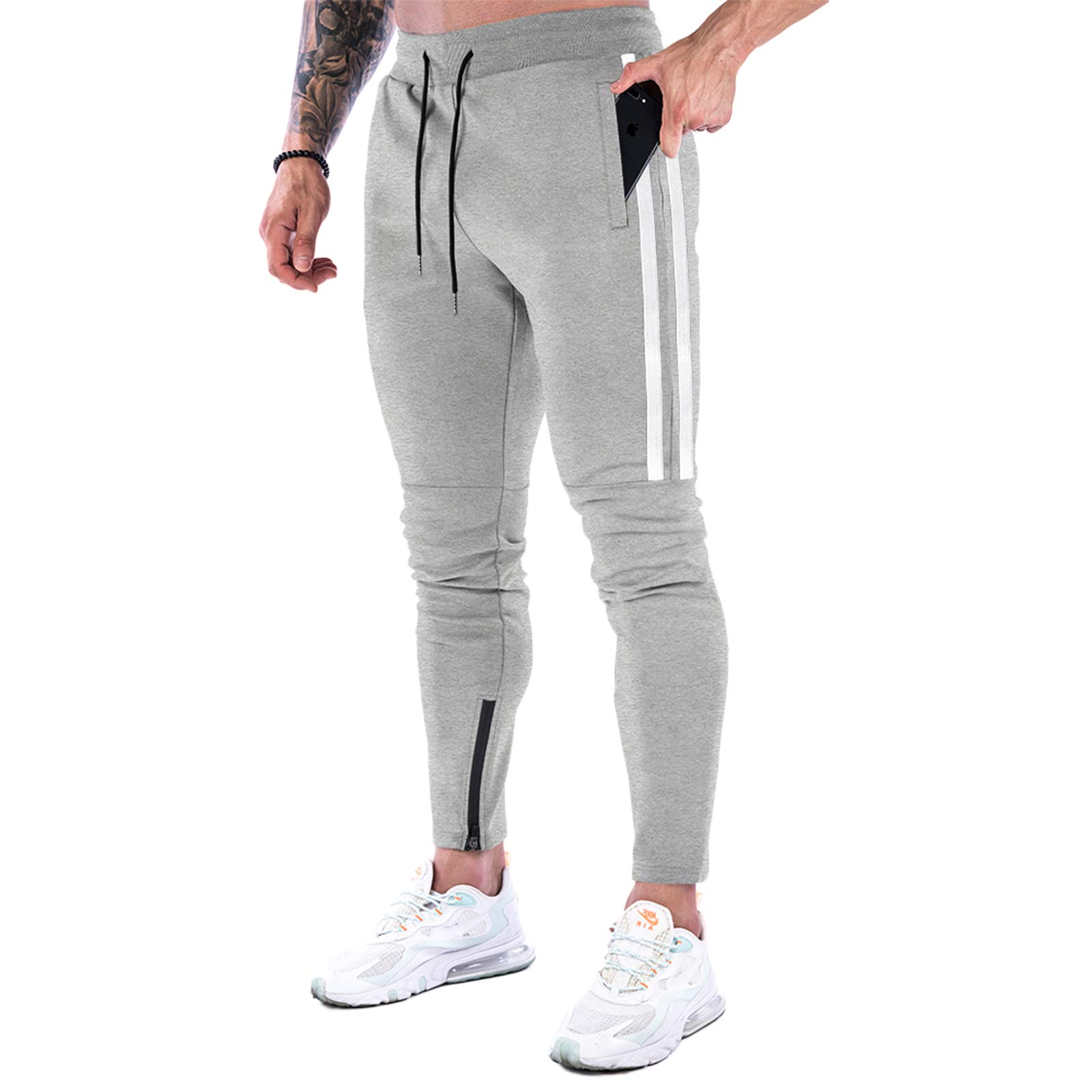 MakingDa Tracksuit Bottoms Men Slim Fit Tapered Joggers Gym Pants Skinny Sweatpants Running Training Sports Trousers with Ankle Zippers-2-Grey-S