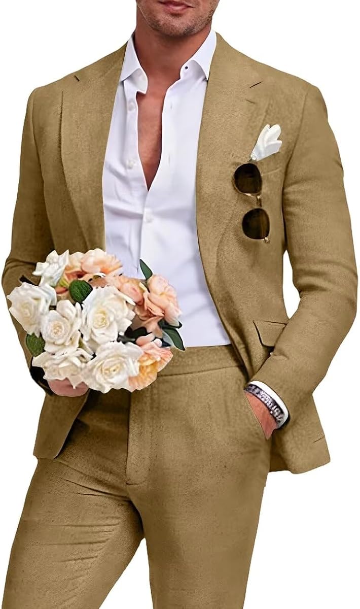 Men's Linen Suit 2 Piece Slim Fit Summer Beach Wedding Prom Party