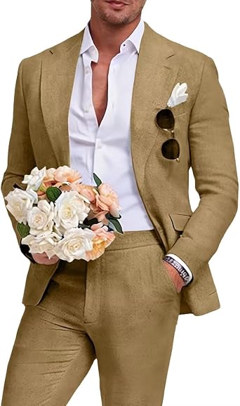 Mens Linen Suit 2 Piece Slim Fit Summer Beach Wedding Prom Party