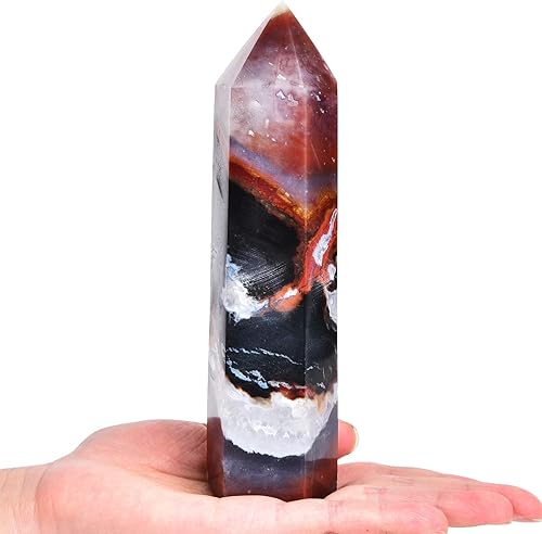 Miniatura 2 de AMOYSTONE Obelisco de ágata negra y roja, torre grande de varita de cristal curativo, 6 columnas facetadas, terapia de meditación de chakras de