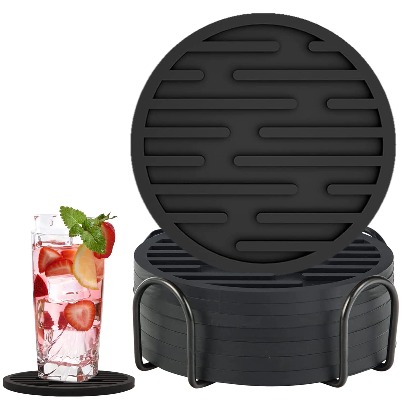 Tepengdie Silicone Coasters, Coasters for Drinks 6 Set Non-Slip Cup Coasters, Heat Resistant Cup Mate, Soft Coaster for Tabletope Protection, Furniture from Damage (Black)