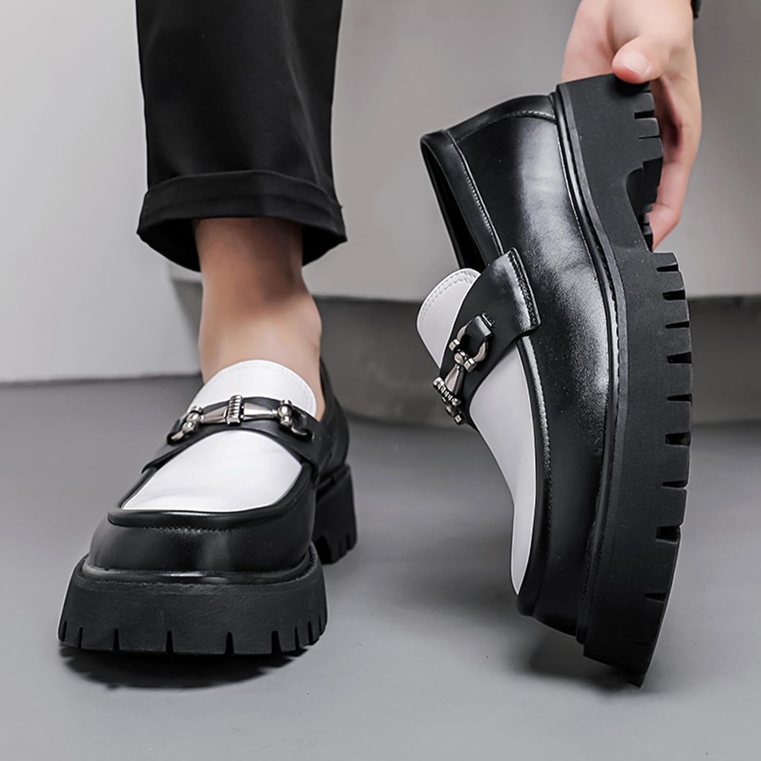 Men's Platform Loafers Fashion Patent Leather Slip-On Shoes with Metal Horsebit Non-Slip Lug Sole Comfortable Dress Shoes for Business Office & Casual Daily Wear - Image 7