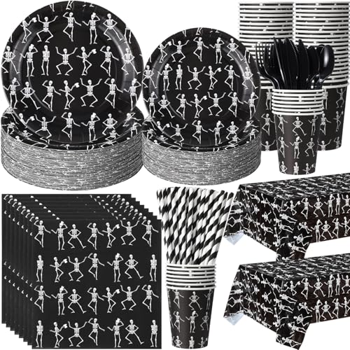 Image of Funnymoom 452 Pcs Halloween Skeleton Party Decorations, Human Bones Dancing Skeleton Paper Plates Napkins Cups Tablecloth Cutlery Straws for Spooky Ghost Themed Birthday Party Supplies, Serves 50